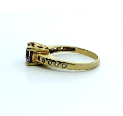 9ct Gold Solitaire Ring Garnet Diamond Stones Size O UK Hallmarked 3.6g