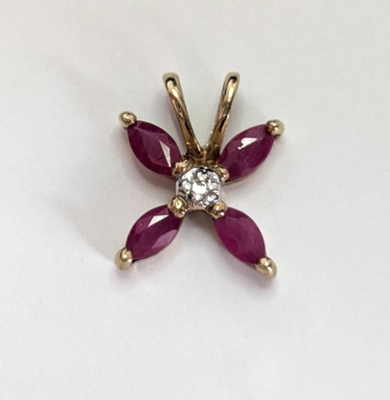 9ct Yellow Gold Star Floral Pendant Ruby Diamond Stones UK Hallmarked 0.5g