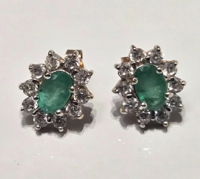 9ct Gold Stud Earrings Emerald Stones Halo Setting 11mm x 9mm 2g