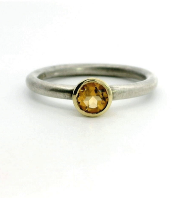 Vintage Silver Gold Ring Citrine Gemstones 18ct Yellow Gold Setting Size O 2.9g