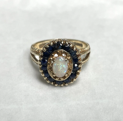 9ct Gold Ring Opal and Sapphire Solid Band Hallmark Size K