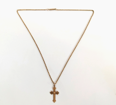 9ct Gold Cross Pendant Necklace 42cm Twisted Rope Chain Vintage Style Hallmarked