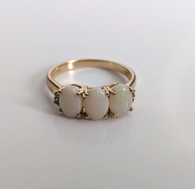 9ct Gold Ring Opal And Emerald Gemstones Solid Band Hallmark Size N 1/2
