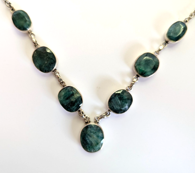 Silver Necklace Emerald Rough Stones 925 Stamped 48cm Long 28.2g