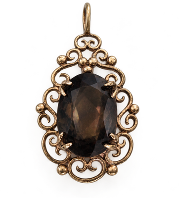 9ct Yellow Gold Pendant Smoky Quartz Ornate Filigree Scrollwork Border 2.3g