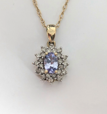 9ct Gold Oval Pendant Tanzanite Diamond 0.24ct Stones UK Hallmarked 1.7g