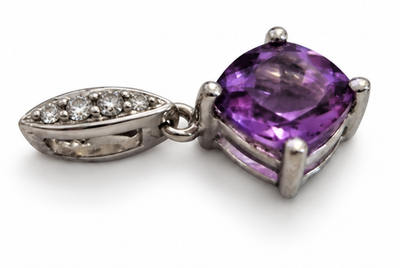 9ct White Gold Necklace Pendant Amethyst Diamond Stones UK Hallmarked 1g