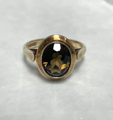 9ct Gold Ring Smokey Quartz 1975 Solid Band Hallmark Size P Vintage