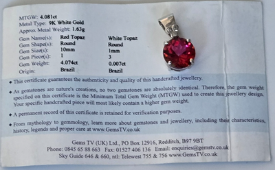 9ct White Gold Red White Topaz Pendant Hallmark 375 Necklace Nov Solitaire 2.6g