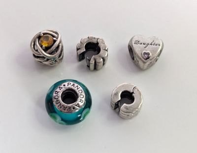 Pandora 925 Sterling Silver Charm Lot 5 Pc Murano Glass Daughter Heart Clips