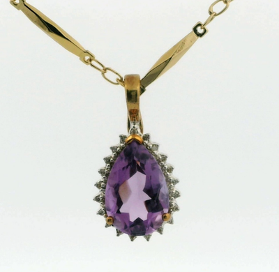 9ct Multi Tone Gold Charm Pendant Amethyst and Diamond Stones Full UK Hallmark