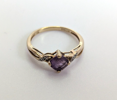 9ct Gold Ring Amethyst Diamond Hallmark Size P 1.9g