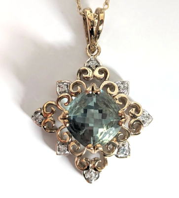 9ct Yellow Gold Ornate Pendant Tourmaline Diamond Stones 375 Stamped 4.9g
