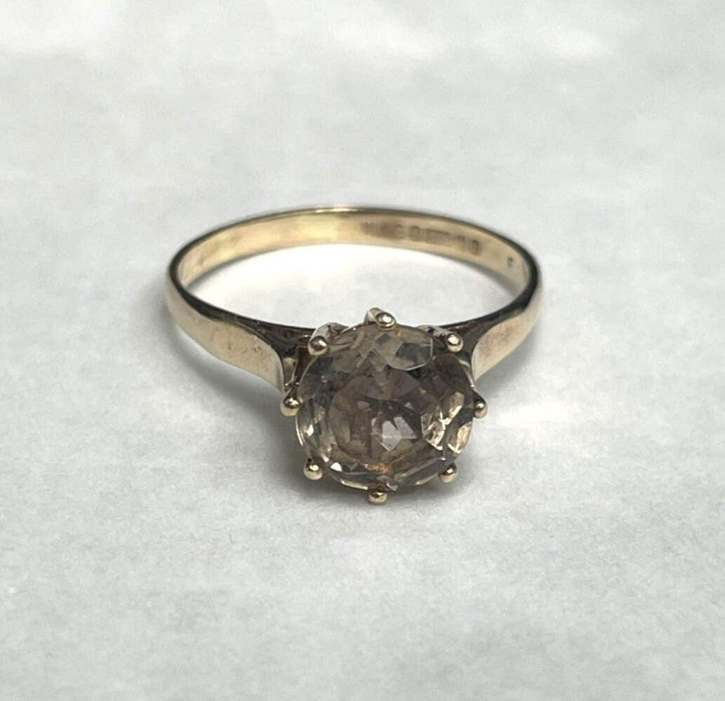 9ct Gold Ring Smokey Quartz Solid Band Hallmark Size Q