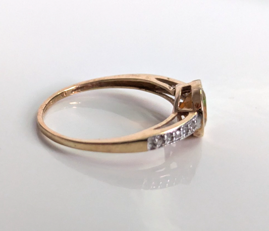 9ct Gold Ring Fire Opal And Diamond Stones Size S UK Hallmark Size S 1.8g
