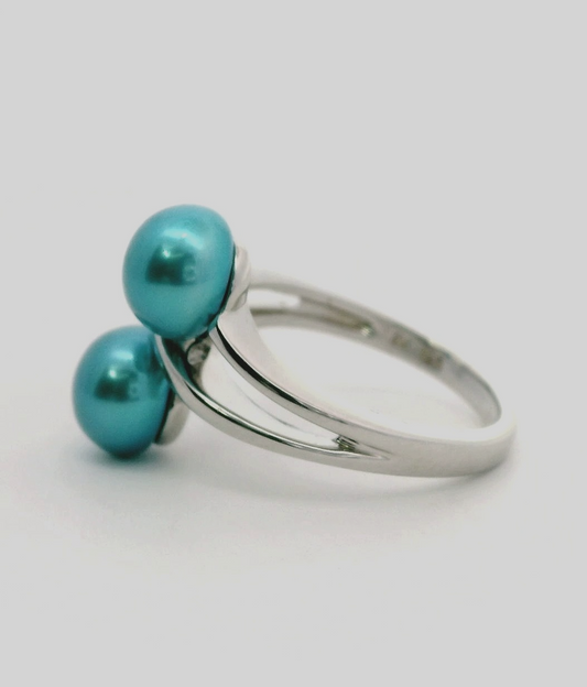 Silver Statement Ring Pearl Stones 925 Stamped Size P 1/2 Two Stone Setting 4.8g