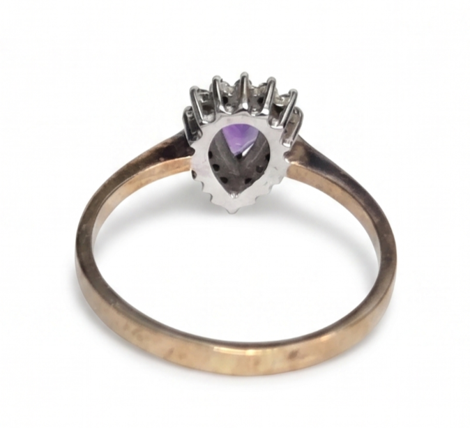 9ct Gold Amethyst Diamond Ring Size O Hallmark 375 Pear Teardrop Cluster