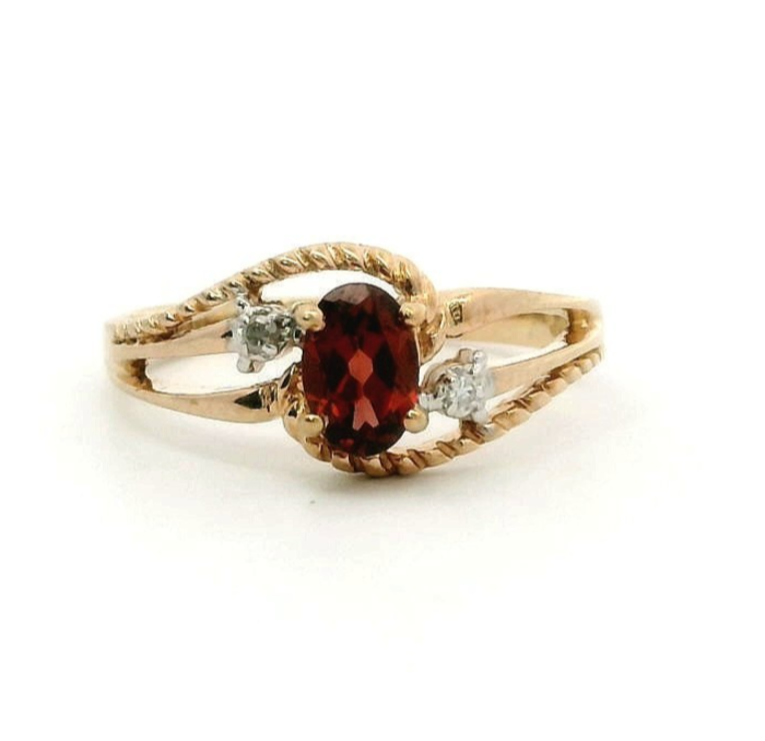 9ct Yellow Gold Red Garnet Diamond Trilogy Ring Birmingham Hallmarked Size M 1/2