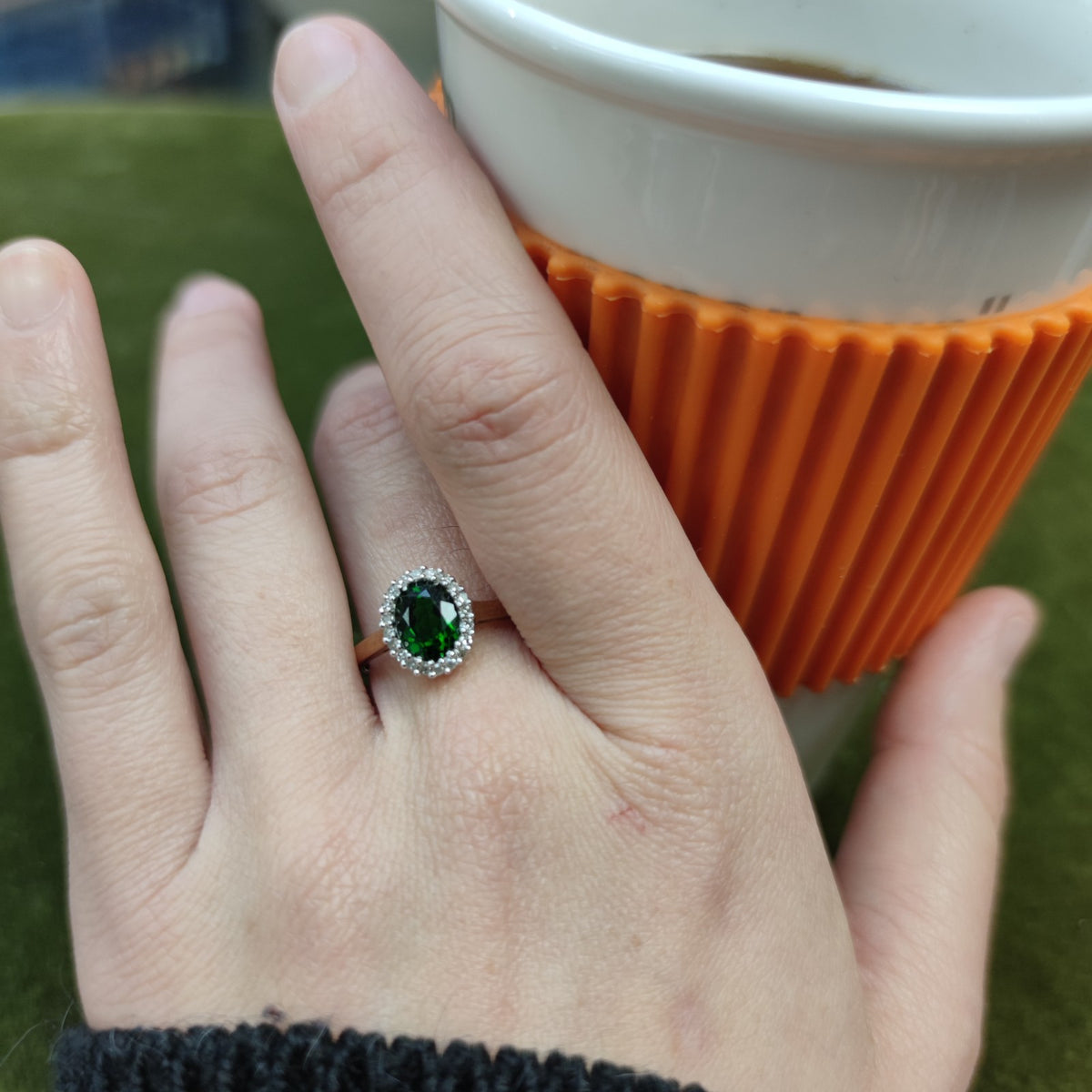 9ct Gold Ring Diopside and Diamonds Hallmarked Size S