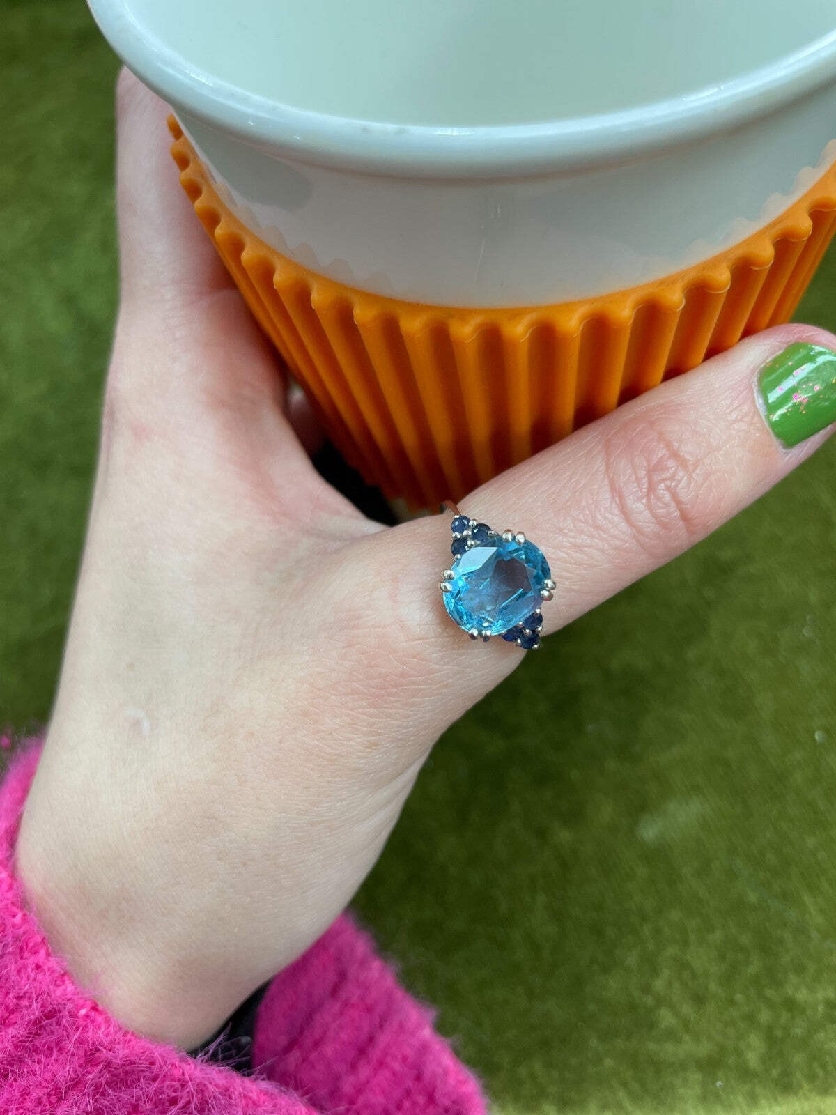 9ct White Gold Ring Topaz And Sapphire Hallmark Size N