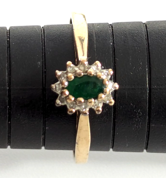 9ct Gold Ring Emerald Diamond Gemstones Size S Hallmarked 1.9g Halo Setting