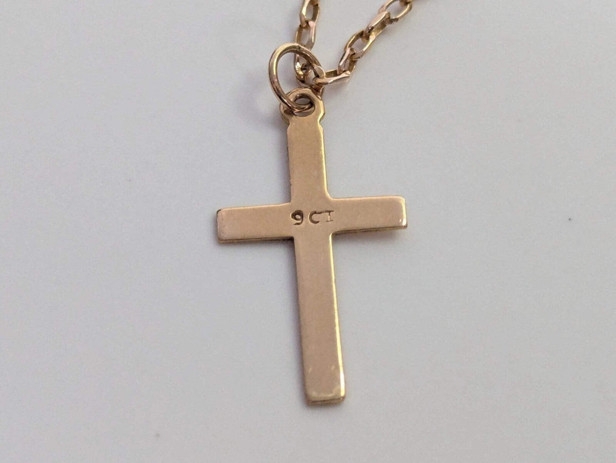 9ct Yellow Gold Cross Necklace Solid Gold Hallmarked 44cm Long Chain and Cross
