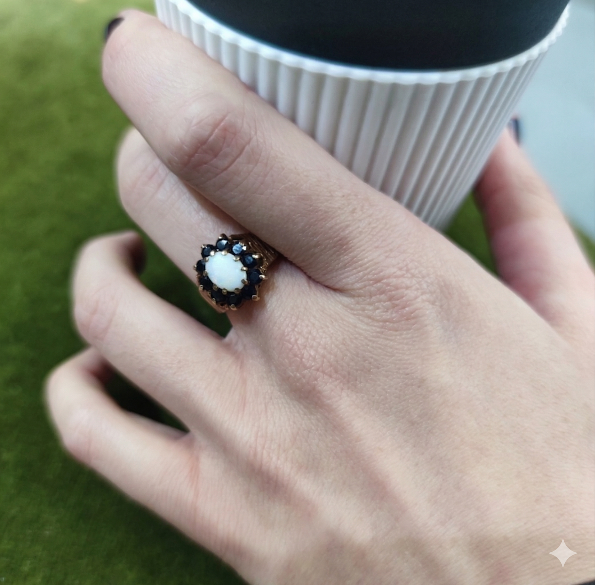 9ct Gold Ring Opal Sapphire Hallmark Size L