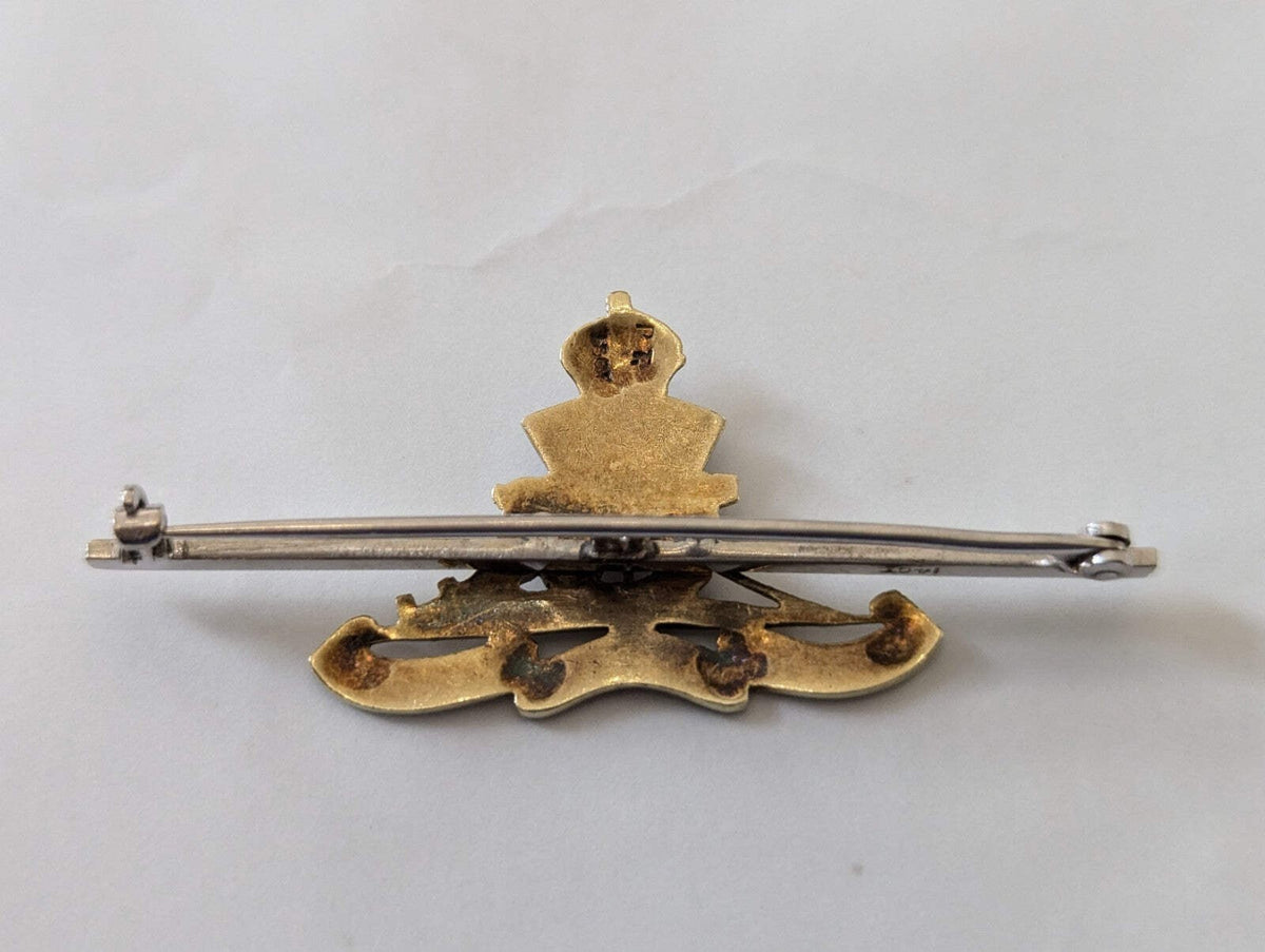 14ct Yellow Gold Tank Regiment Bar Brooch Enameled and Diamonds