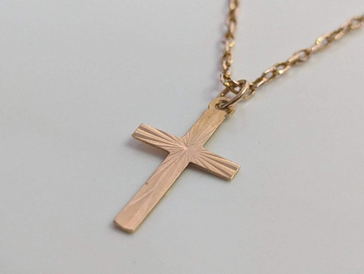 9ct Yellow Gold Cross Necklace Solid Gold Hallmarked 44cm Long Chain and Cross