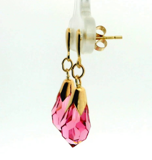9ct Yellow Gold Dangle Drop Earrings Pink Crystal Stones Hallmarked 1.7g