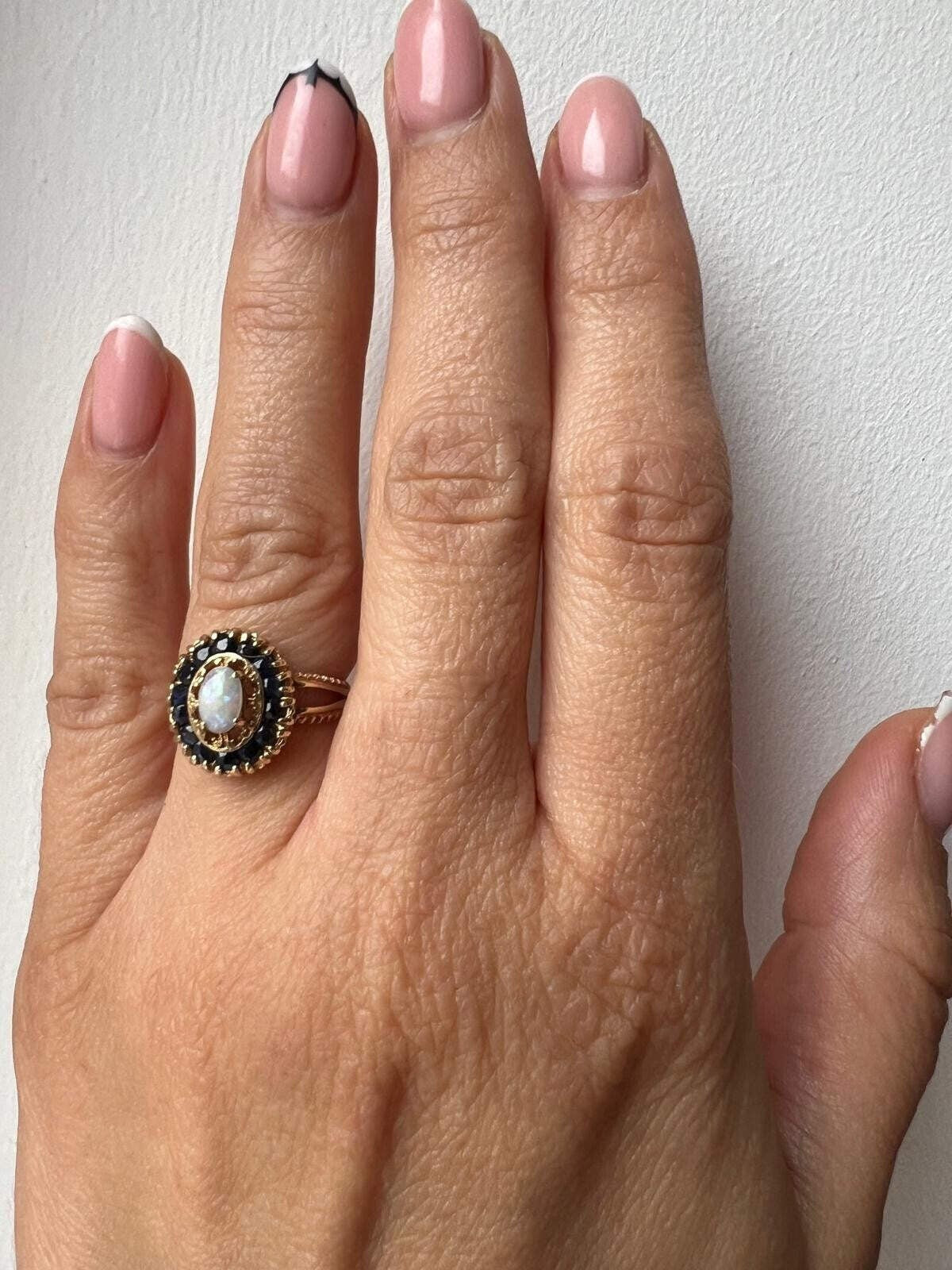 9ct Gold Ring Opal and Sapphire Solid Band Hallmark Size K