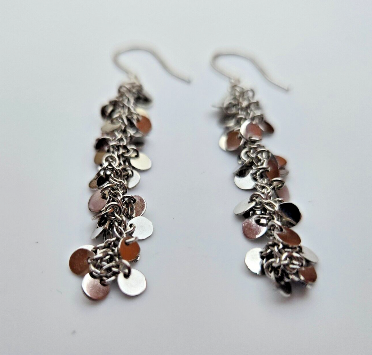925 Sterling Silver Sequin Dangle Earrings Hallmarked Hook Drop Disc Statement