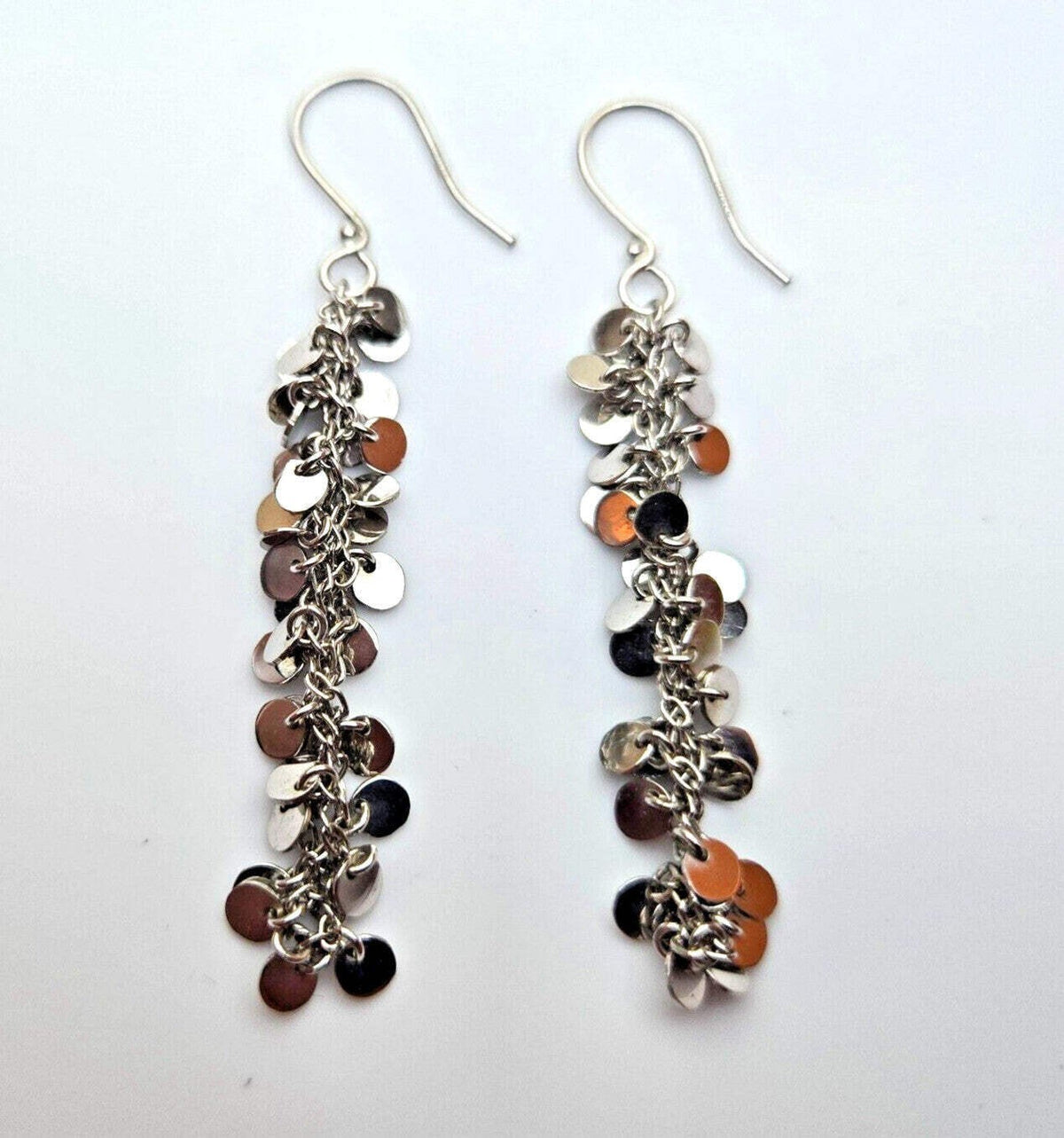 925 Sterling Silver Sequin Dangle Earrings Hallmarked Hook Drop Disc Statement