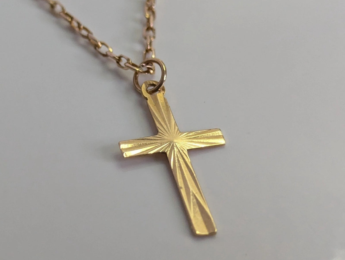 9ct Yellow Gold Cross Necklace Solid Gold Hallmarked 44cm Long Chain and Cross