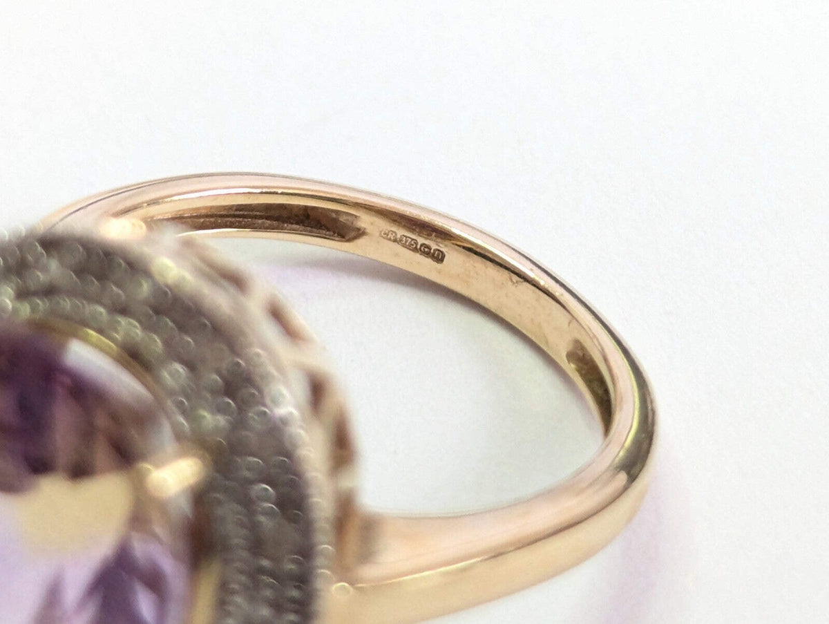 9ct Gold Ring Amethyst and Diamond Oval Cut Size K Hallmarked 4g