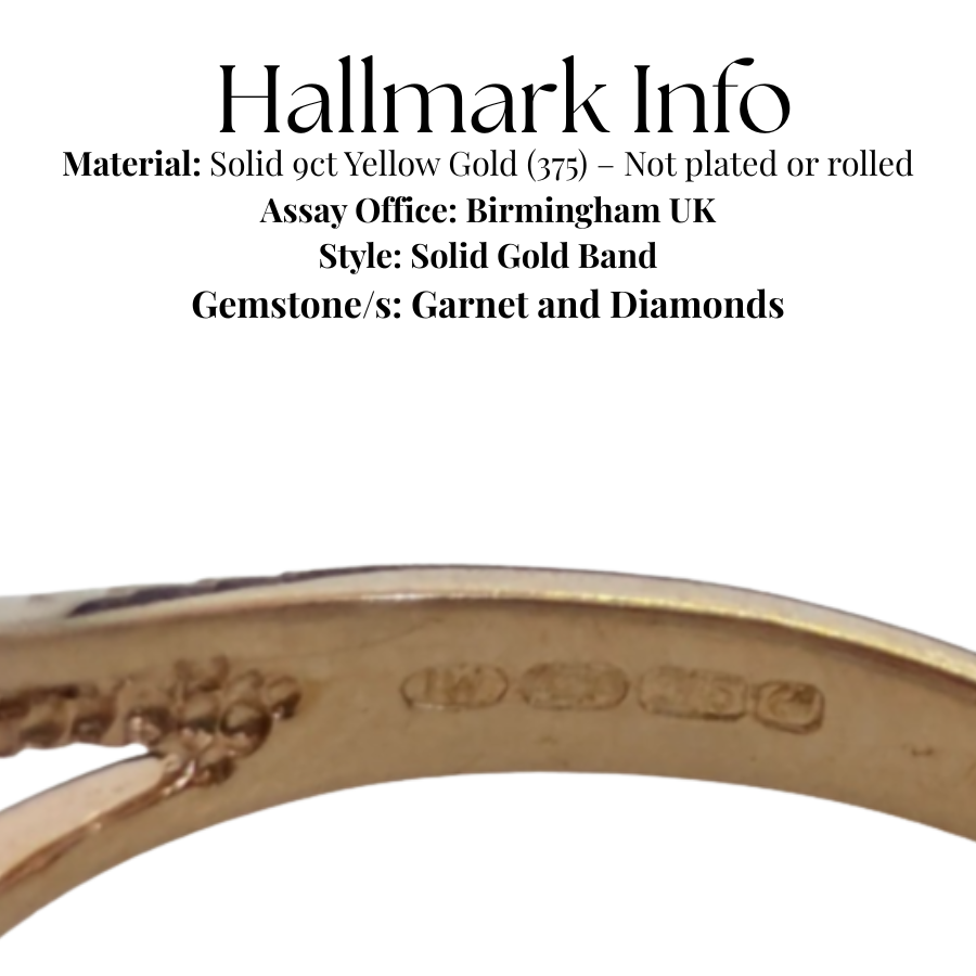 9ct Yellow Gold Red Garnet Diamond Trilogy Ring Birmingham Hallmarked Size M 1/2