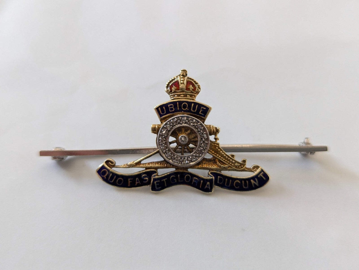 14ct Yellow Gold Tank Regiment Bar Brooch Enameled and Diamonds
