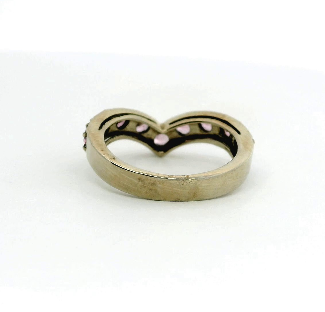 9ct White Gold Pink CZ Wishbone Ring Size N Hallmarked 375 V Shape Eternity 3g