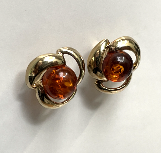 Vintage 9ct Gold Stud Earrings Baltic Amber Stones 13.5mm x 9.1mm 375 Stamped