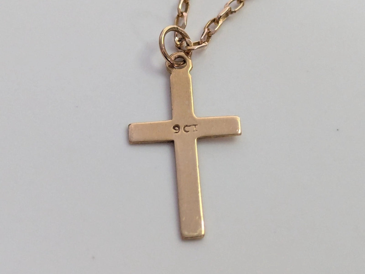 9ct Yellow Gold Cross Necklace Solid Gold Hallmarked 44cm Long Chain and Cross