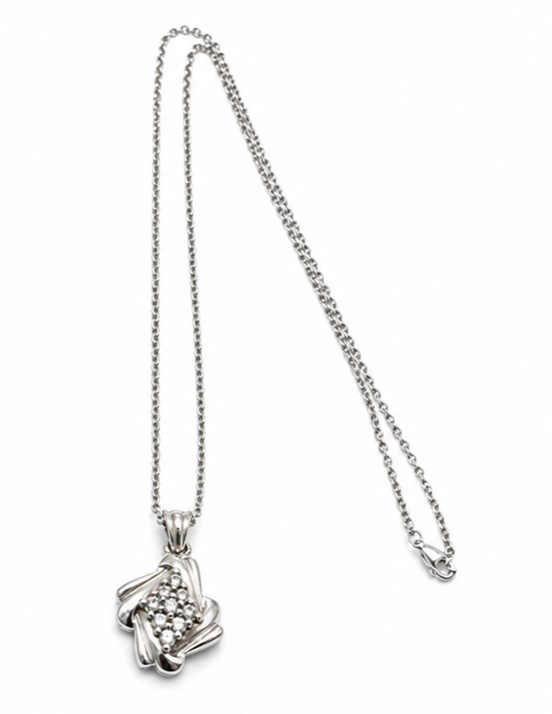 Silver Necklace Pendant Cubic Zirconia Stones Prong Setting 46cm Long