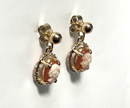 9ct Yellow Gold Dangle Cameo Earrings White Shell 14mm Drop Length