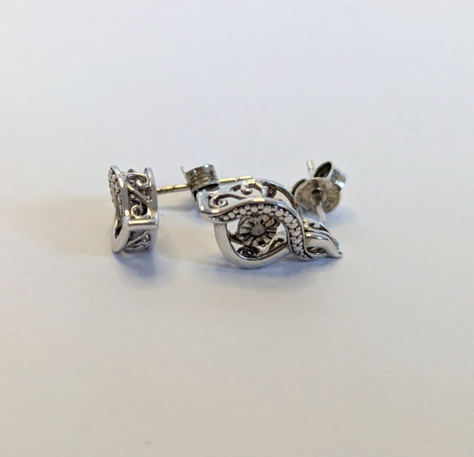 Vintage Silver Diamond Stud Earrings Butterflies Floral Design 925 Stamped 2g