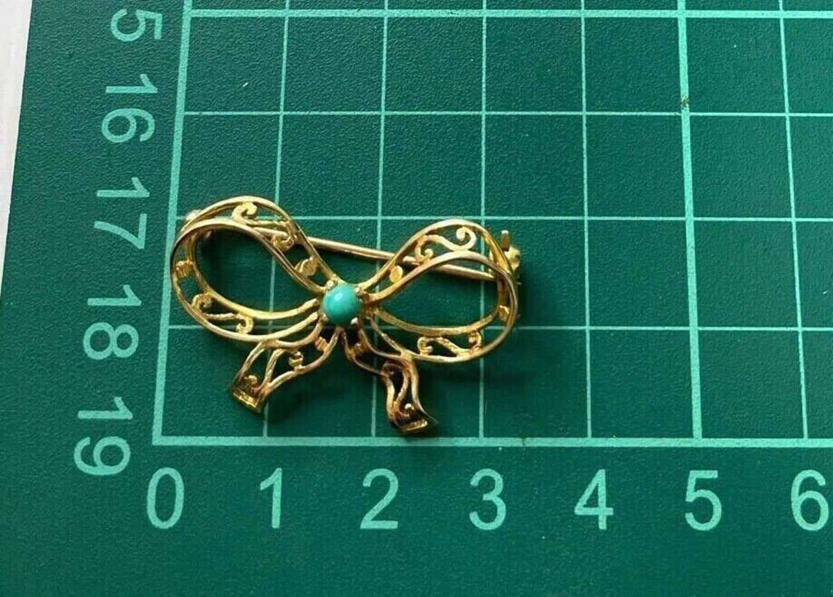 9ct Yellow Gold Bow Brooch Turquoise Stone Gold Stamped Hallmarked