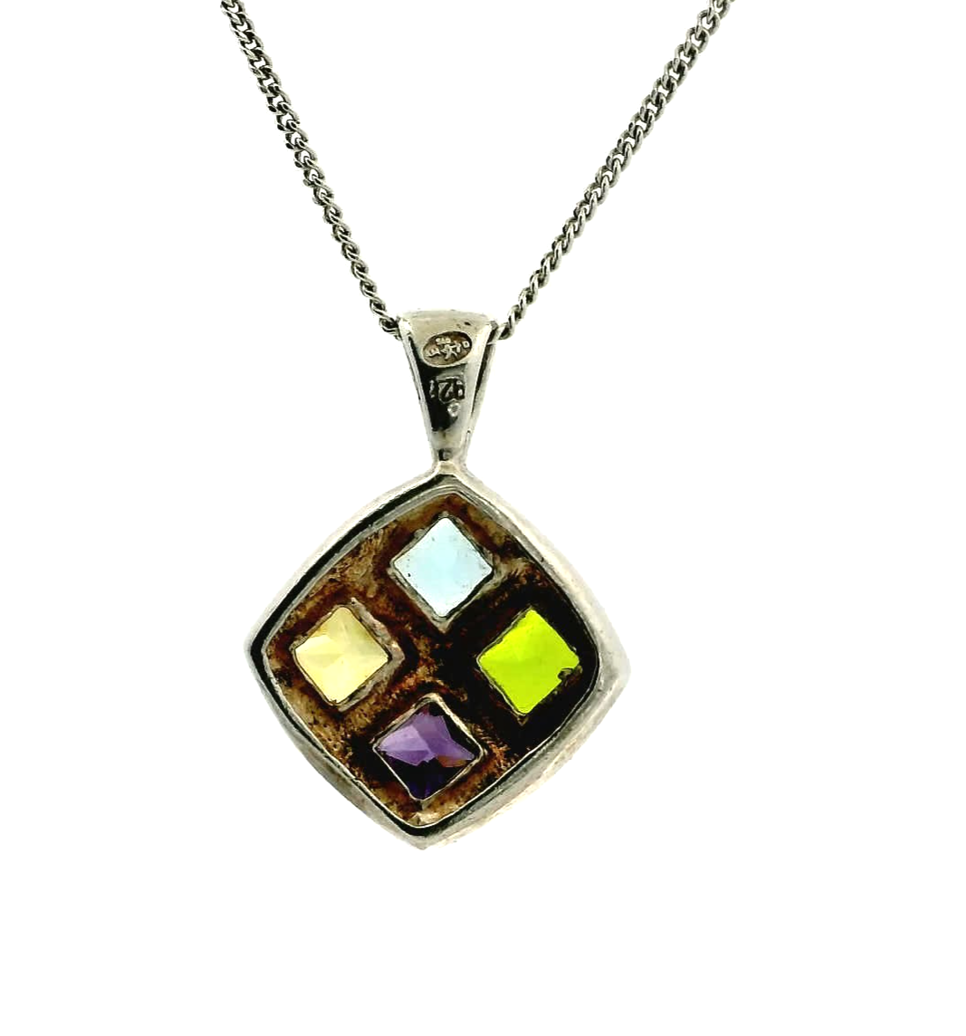 Silver Necklace Multi Coloured Crystals 925 Stamped Chain 40cm Long 2.8g