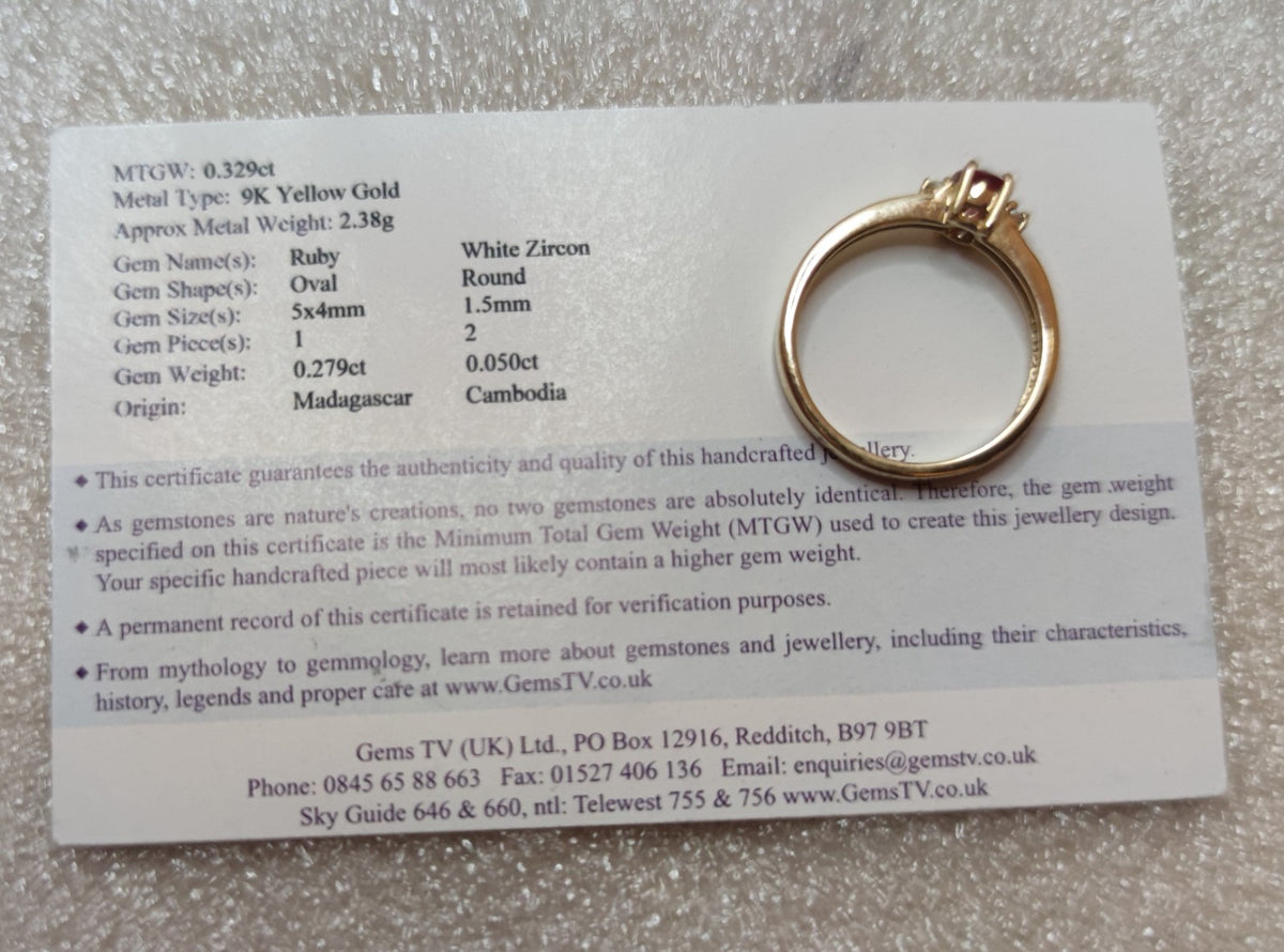 9ct Yellow Gold Ring Ruby Zircon Stones Size N 1/2 Hallmarked 2.5g Certification