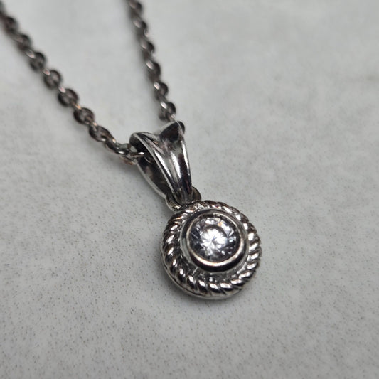 Silver Necklace Pendant Cubic Zirconia Stone 925 Stamped 44cm Length Chain