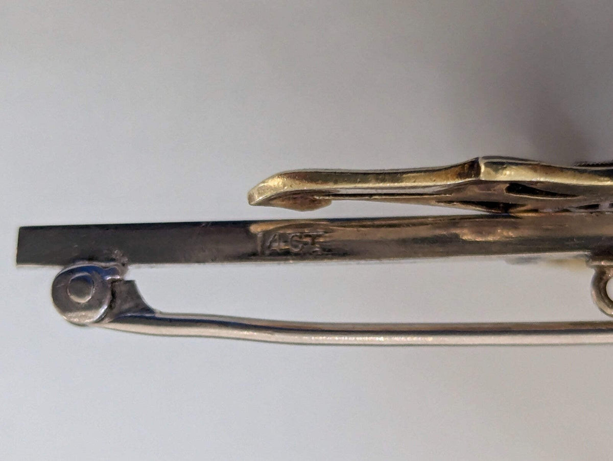 14ct Yellow Gold Tank Regiment Bar Brooch Enameled and Diamonds
