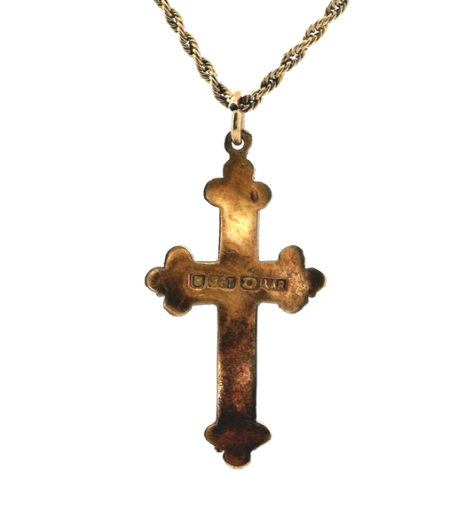 9ct Gold Cross Pendant Necklace 42cm Twisted Rope Chain Vintage Style Hallmarked