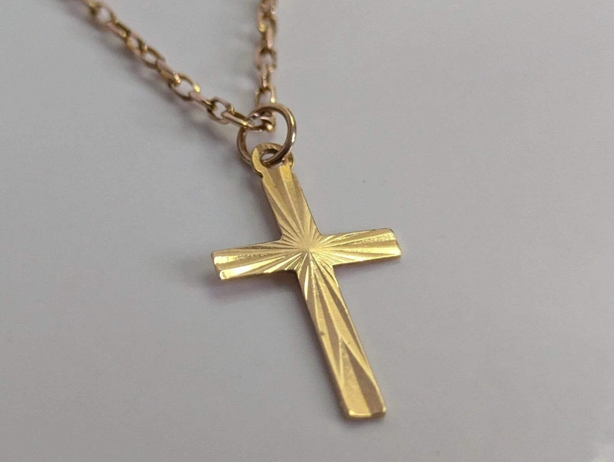 9ct Yellow Gold Cross Necklace Solid Gold Hallmarked 44cm Long Chain and Cross